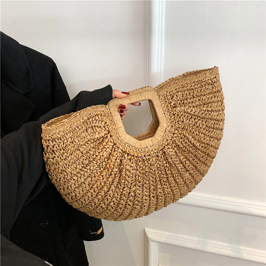 Handmade Rattan Half-Moon Beach Tote Bag - Summer Straw Fashion Handbag - ZOOMNSTORE