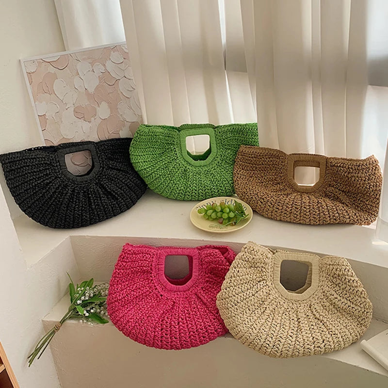 Handmade Rattan Half-Moon Beach Tote Bag - Summer Straw Fashion Handbag - ZOOMNSTORE