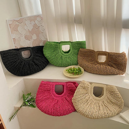 Handmade Rattan Half-Moon Beach Tote Bag - Summer Straw Fashion Handbag - ZOOMNSTORE