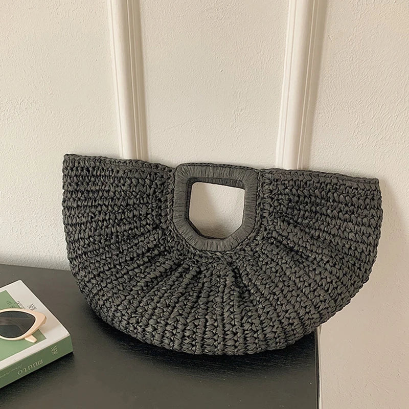 Handmade Rattan Half-Moon Beach Tote Bag - Summer Straw Fashion Handbag - ZOOMNSTORE