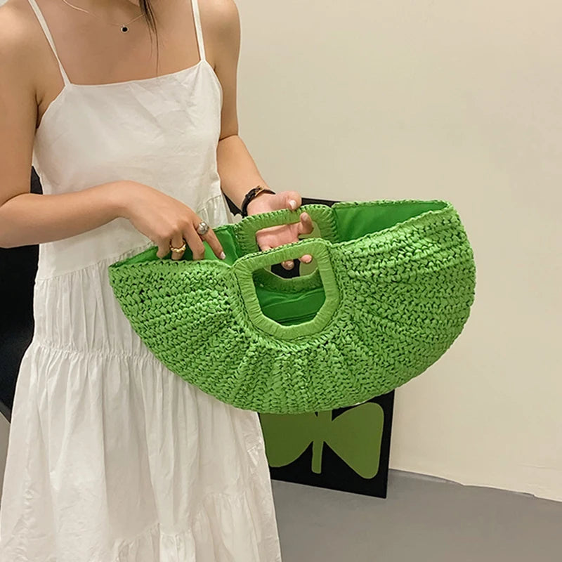 Handmade Rattan Half-Moon Beach Tote Bag - Summer Straw Fashion Handbag - ZOOMNSTORE