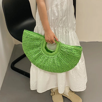 Handmade Rattan Half-Moon Beach Tote Bag - Summer Straw Fashion Handbag - ZOOMNSTORE