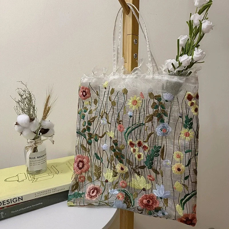 Handmade Retro Flower Embroidered Shoulder Bag - Womens Lace Tote for Beach and Art - ZOOMNSTORE