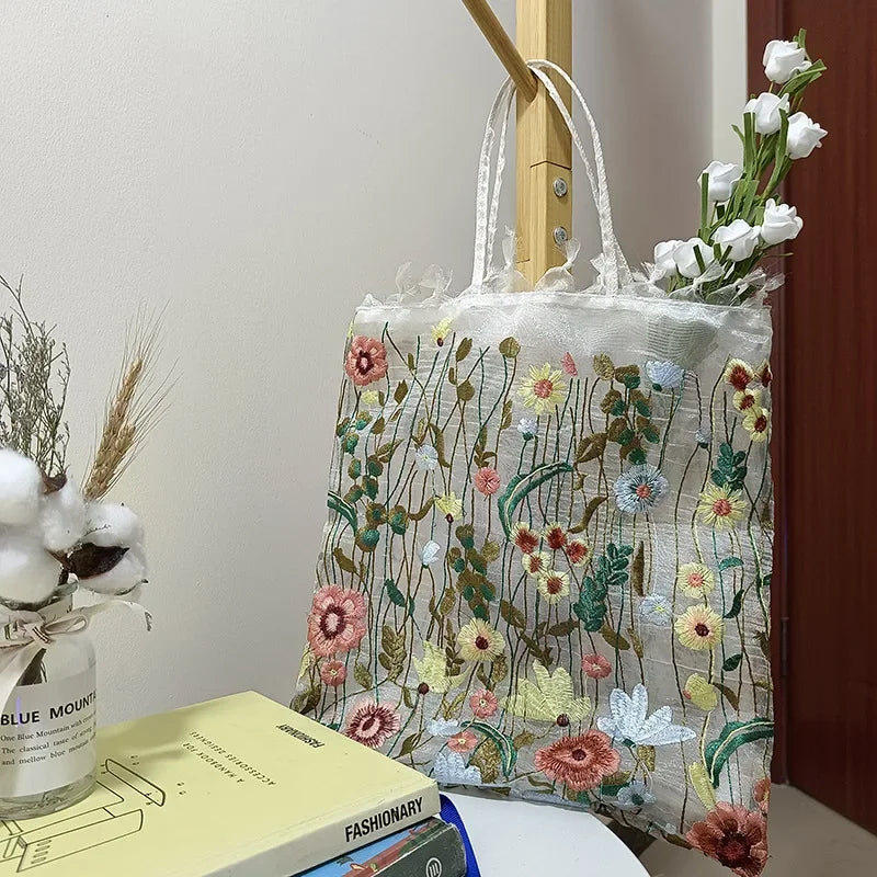 Handmade Retro Flower Embroidered Shoulder Bag - Womens Lace Tote for Beach and Art - ZOOMNSTORE