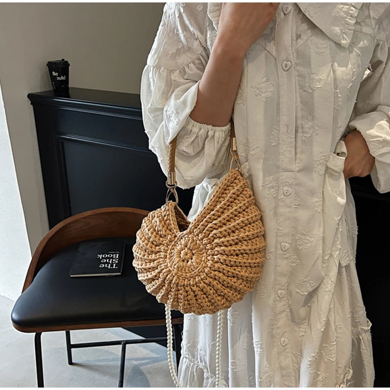 Handmade Seaside Messenger Bag - Womens Crossbody Bag with Conch Shell and Pearls - ZOOMNSTORE