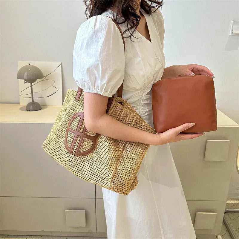 Handmade Straw Tote Bag - Large Capacity Ethnic Style Beach Shoulder Bag for Women 2023 - ZOOMNSTORE