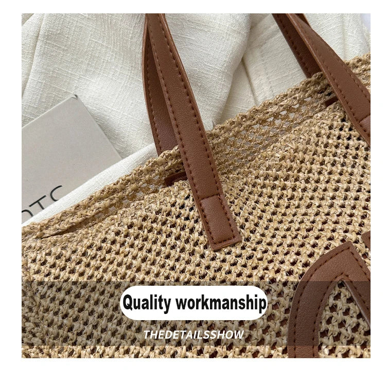 Handmade Straw Tote Bag - Large Capacity Ethnic Style Beach Shoulder Bag for Women 2023 - ZOOMNSTORE