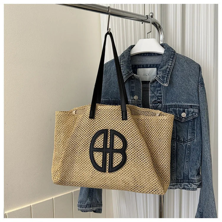 Handmade Straw Tote Bag - Large Capacity Ethnic Style Beach Shoulder Bag for Women 2023 - ZOOMNSTORE