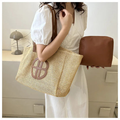 Handmade Straw Tote Bag - Large Capacity Ethnic Style Beach Shoulder Bag for Women 2023 - ZOOMNSTORE