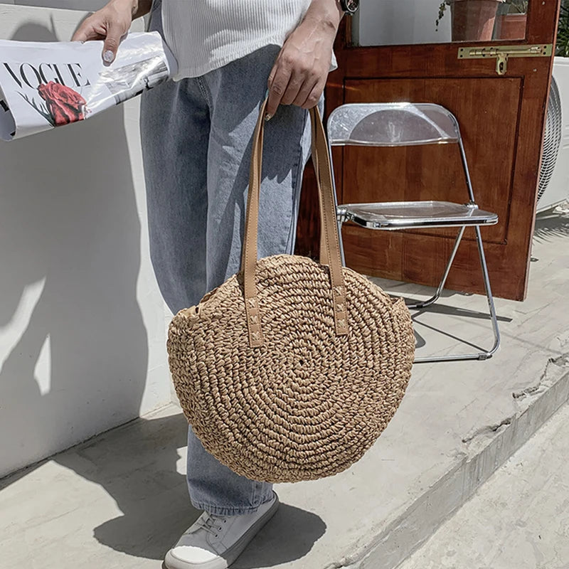 Handmade Woven Straw Beach Bag - Large Capacity Rattan Shoulder Tote for Women - ZOOMNSTORE