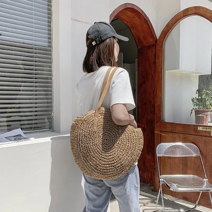 Handmade Woven Straw Beach Bag - Large Capacity Rattan Shoulder Tote for Women - ZOOMNSTORE