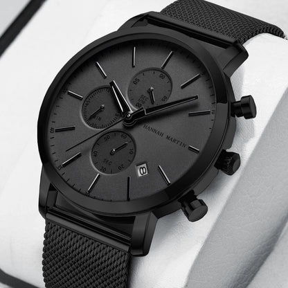 Hannah Martin Mens Waterproof Sports Watch - Black Dial Stainless Steel Quartz Clock - ZOOMNSTORE