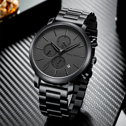 Hannah Martin Mens Waterproof Sports Watch - Black Dial Stainless Steel Quartz Clock - ZOOMNSTORE