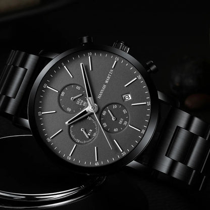 Hannah Martin Mens Waterproof Sports Watch - Black Dial Stainless Steel Quartz Clock - ZOOMNSTORE
