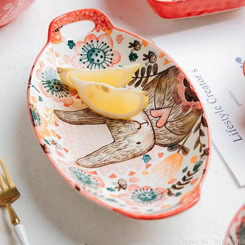 Hand-Painted Rabbit Bowl and Plate Set - Cute Ceramic Soup and Salad Dish
