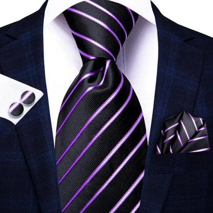 Black Floral Silk Wedding Tie Set - Elegant Necktie with Handkerchief  Cufflinks for Men