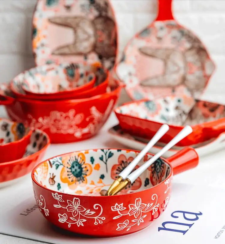 Hand-Painted Rabbit Bowl and Plate Set - Cute Ceramic Soup and Salad Dish