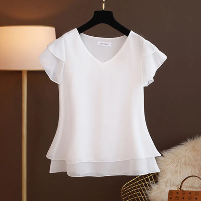 2026 New Summer Women Blouse Loose V-Neck Chiffon Shirt Female Short Sleeve Blouse Oversized Shirts womens tops and blouses Top