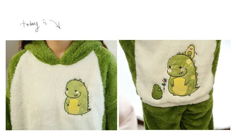 Jielur Warm Women Pajama Sets Winter Lady Long Sleeve Shirt+Pants Home suit Hooded Cartoon Print Thick Pijama Feminino