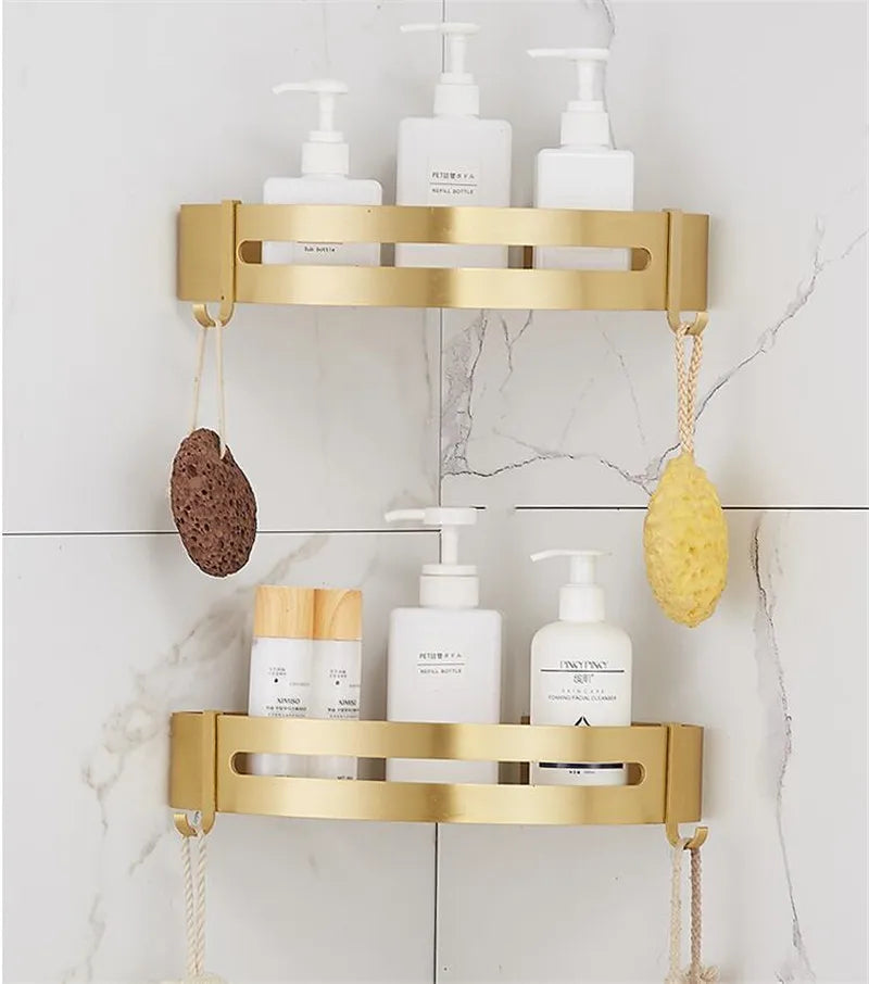 Wall-Mounted Corner Shelf - Brushed Gold Aluminum Bathroom Shampoo Holder
