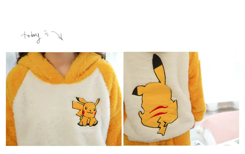 Jielur Warm Women Pajama Sets Winter Lady Long Sleeve Shirt+Pants Home suit Hooded Cartoon Print Thick Pijama Feminino