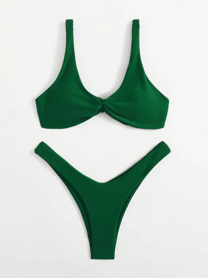 Solid Tie Bikini Set - Padded Push-Up High Leg Brazilian Swimsuit for Women - ZOOMNSTORE