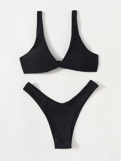 Solid Tie Bikini Set - Padded Push-Up High Leg Brazilian Swimsuit for Women - ZOOMNSTORE
