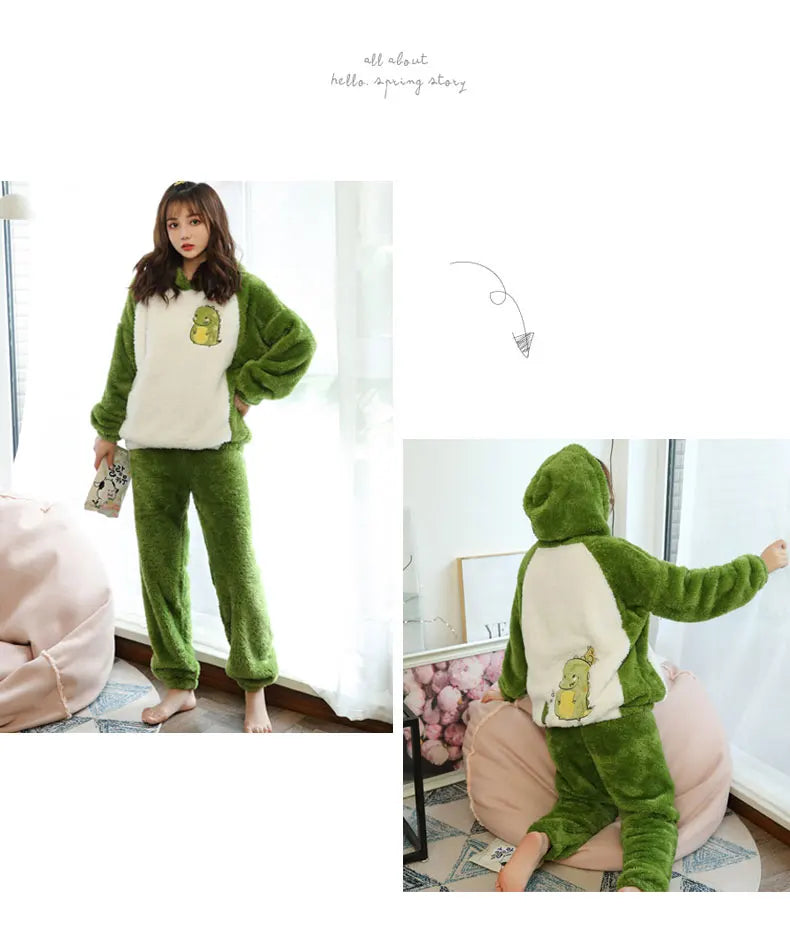 Jielur Warm Women Pajama Sets Winter Lady Long Sleeve Shirt+Pants Home suit Hooded Cartoon Print Thick Pijama Feminino