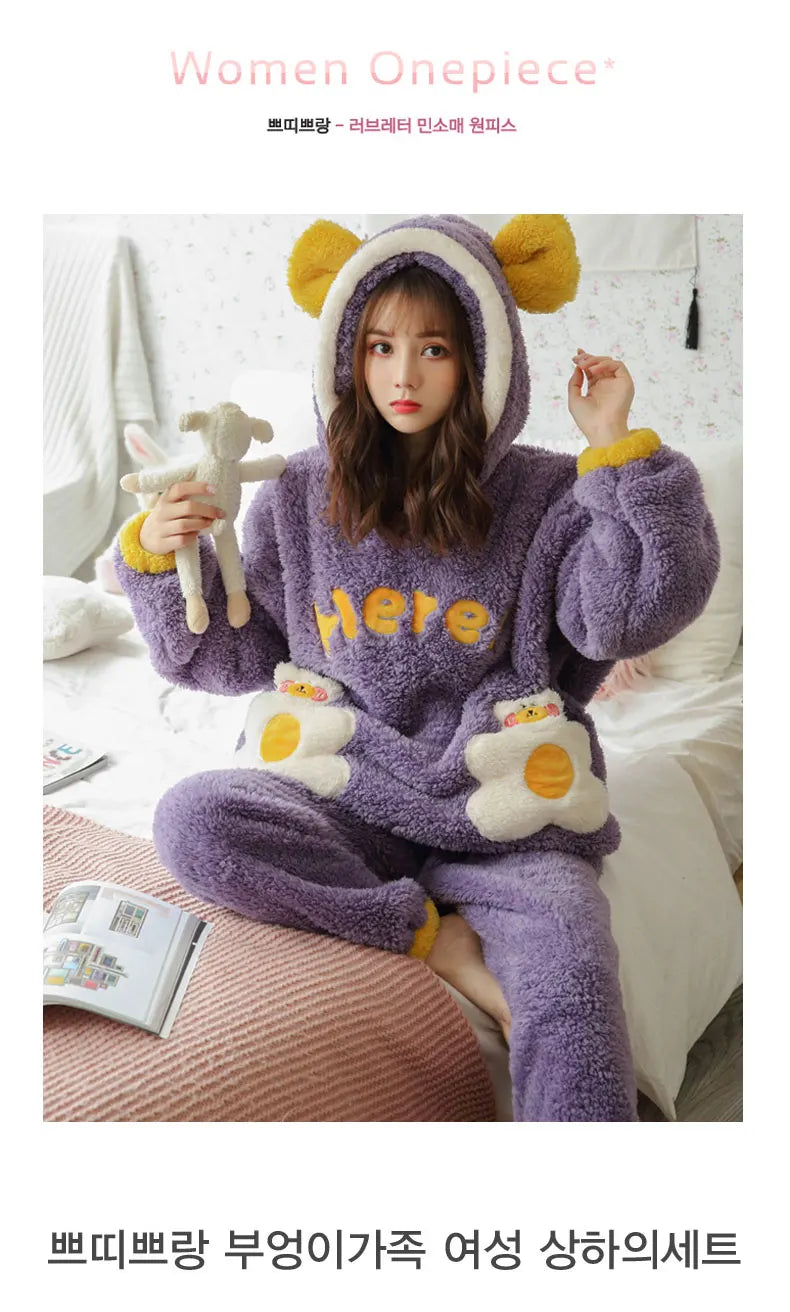 Jielur Warm Women Pajama Sets Winter Lady Long Sleeve Shirt+Pants Home suit Hooded Cartoon Print Thick Pijama Feminino