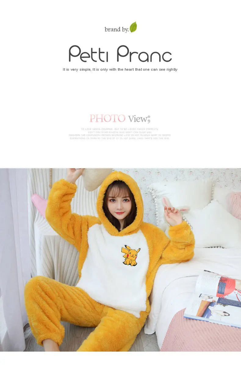 Jielur Warm Women Pajama Sets Winter Lady Long Sleeve Shirt+Pants Home suit Hooded Cartoon Print Thick Pijama Feminino