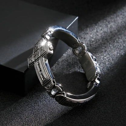 Fongten Cross Charms Bangle For Men Stainless Steel Heavy Mens Bangle Bracelets Male Retro Rune Silver Color Jewelry Armband