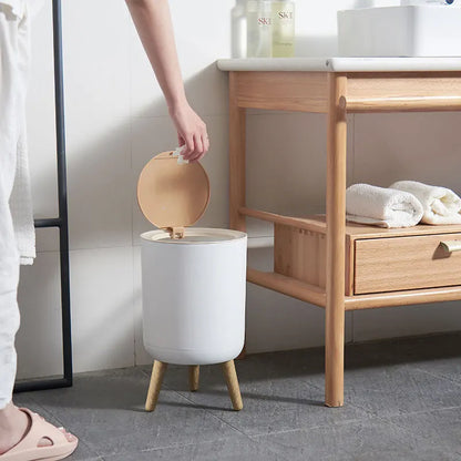 Wooden High Foot Trash Can - Creative Bathroom  Kitchen Wastebin with Press Cover