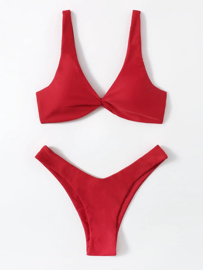 Solid Tie Bikini Set - Padded Push-Up High Leg Brazilian Swimsuit for Women - ZOOMNSTORE