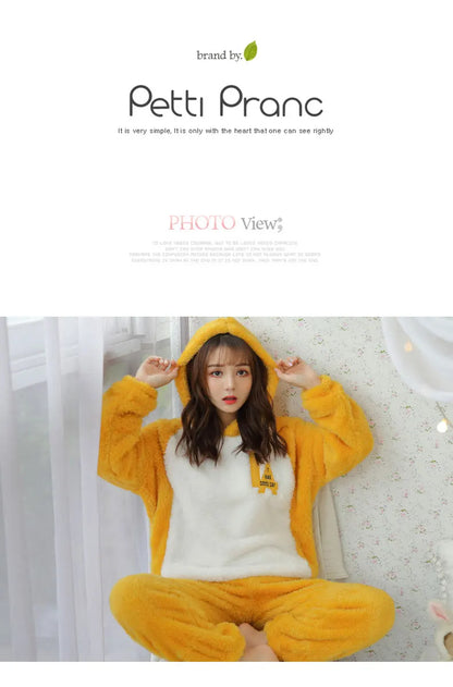 Jielur Warm Women Pajama Sets Winter Lady Long Sleeve Shirt+Pants Home suit Hooded Cartoon Print Thick Pijama Feminino