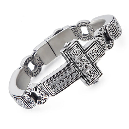 Fongten Cross Charms Bangle For Men Stainless Steel Heavy Mens Bangle Bracelets Male Retro Rune Silver Color Jewelry Armband