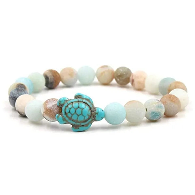Natural Stone Tortoise Bracelet - Tiger Eye  Turquoise Beaded Sea Turtle Charm for Men  Women - ZOOMNSTORE
