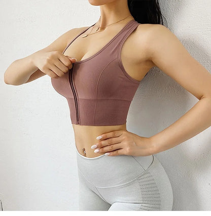 Front Zipper Sports Bra - Women's Athletic Crop Top, Push Up Wireless Fitness Tank