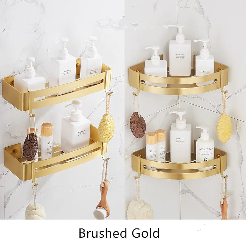 Wall-Mounted Corner Shelf - Brushed Gold Aluminum Bathroom Shampoo Holder