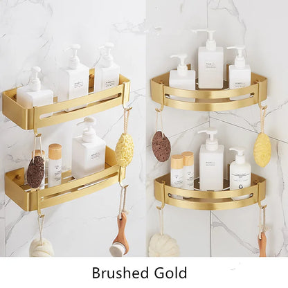 Wall-Mounted Corner Shelf - Brushed Gold Aluminum Bathroom Shampoo Holder