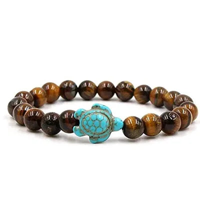 Natural Stone Tortoise Bracelet - Tiger Eye  Turquoise Beaded Sea Turtle Charm for Men  Women - ZOOMNSTORE