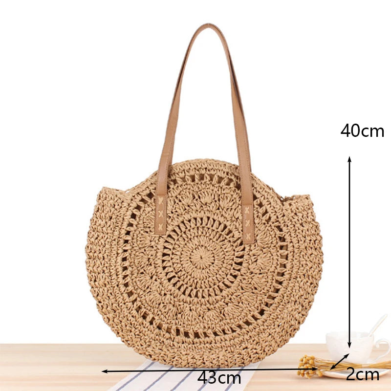 Vintage Woven Straw Beach Bag - Handmade Raffia Rattan Shoulder Bag