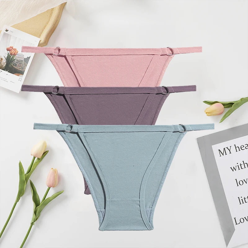 FINETOO 3PC/Set Women's Cotton Panties Underwear Metal Buckle Briefs M-2XL Female Underpant Low Waist Woman Sexy Panty Lingerie