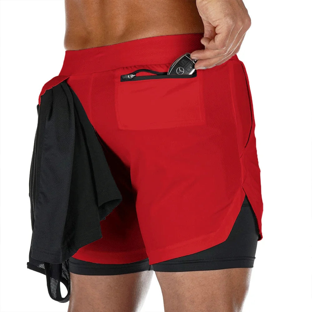 Men Running Shorts - 2 in 1 Quick Dry Sports Jogging Shorts with Hidden Phone Pocket