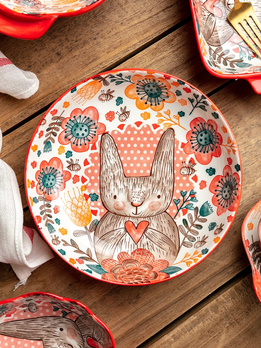 Hand-Painted Rabbit Bowl and Plate Set - Cute Ceramic Soup and Salad Dish