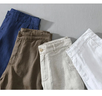 Linen Beach Shorts Mid Waist Men’s Summer Casual Business Straight Fit Pants