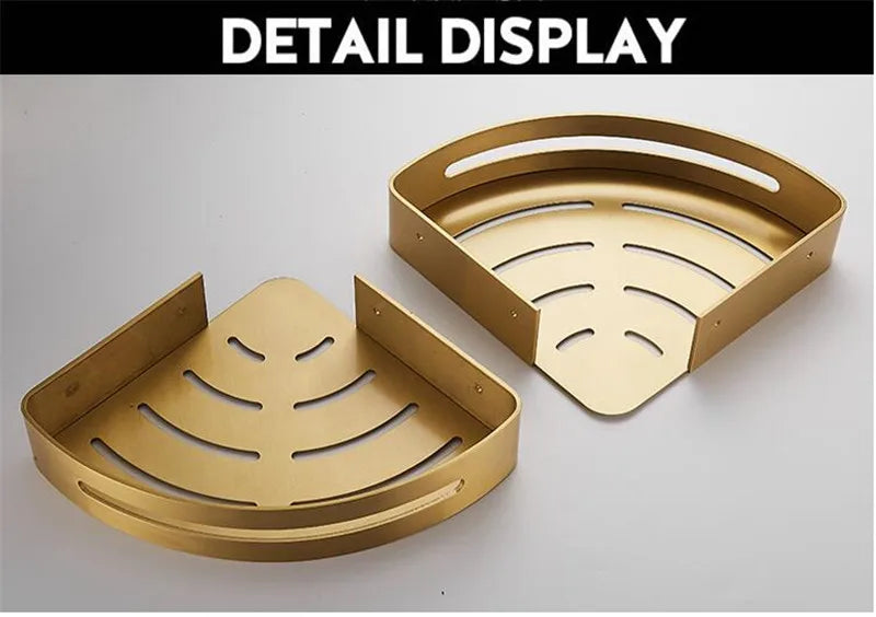 Wall-Mounted Corner Shelf - Brushed Gold Aluminum Bathroom Shampoo Holder