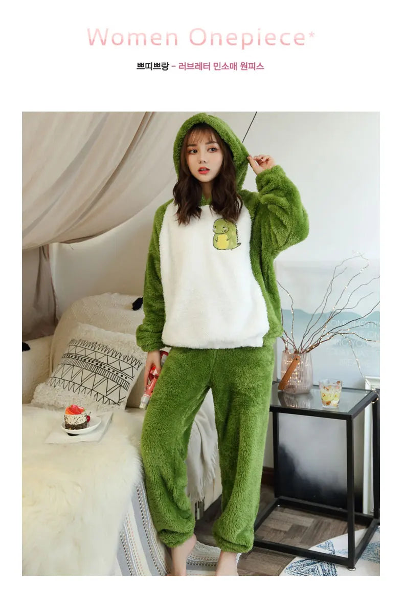 Jielur Warm Women Pajama Sets Winter Lady Long Sleeve Shirt+Pants Home suit Hooded Cartoon Print Thick Pijama Feminino