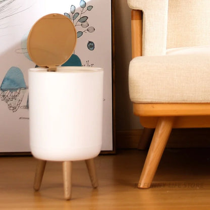 Wooden High Foot Trash Can - Creative Bathroom  Kitchen Wastebin with Press Cover
