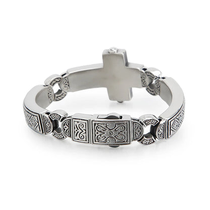 Fongten Cross Charms Bangle For Men Stainless Steel Heavy Mens Bangle Bracelets Male Retro Rune Silver Color Jewelry Armband