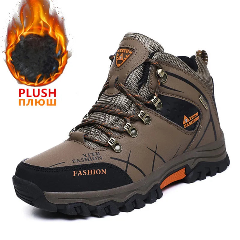Men Winter Snow Boots - Waterproof Leather Hiking Shoes With Rubber Sole